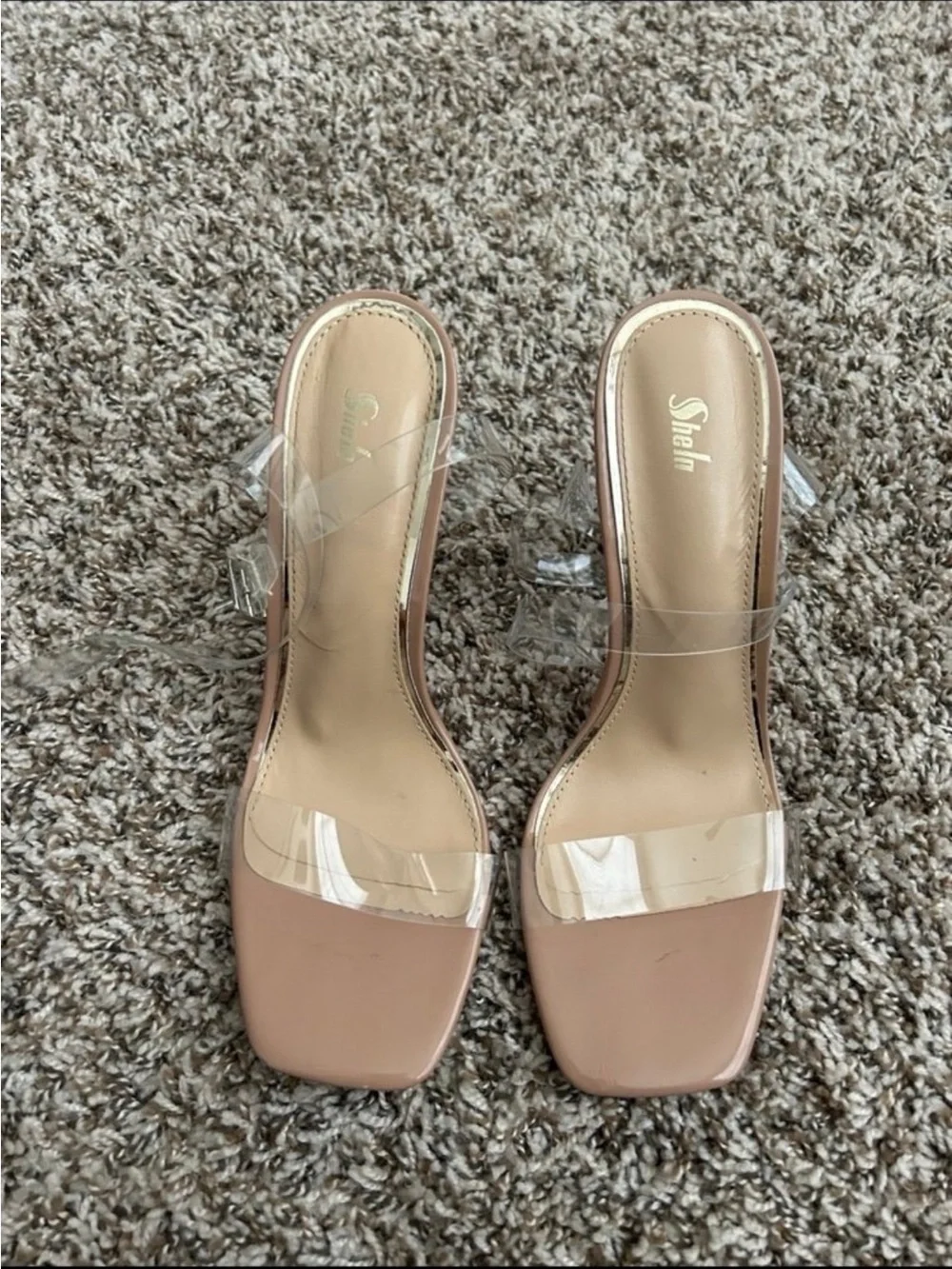 Clear Strap Block Heel Sandals in Nude